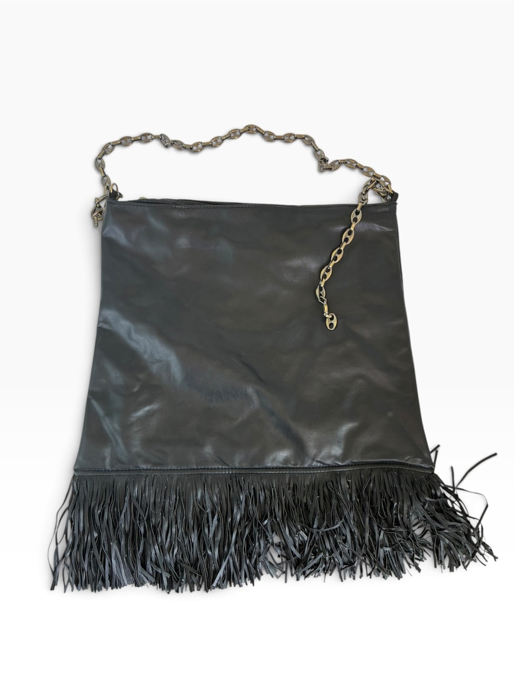 Black Fringe Vegan Leather Shoulder Bag with Chain Strap - Picture 2 of 3
